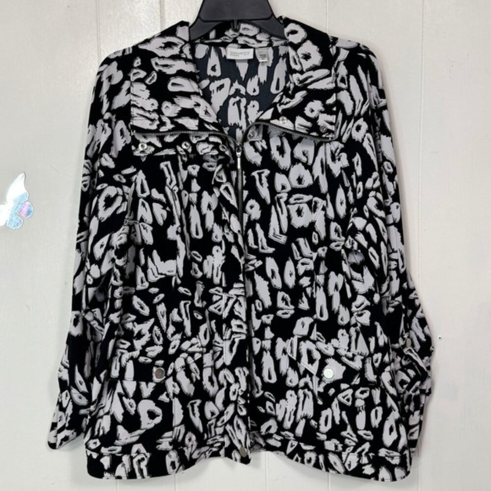 Zenergy by Chico's Women's Jacket Black White Print Zip Up Career Casual